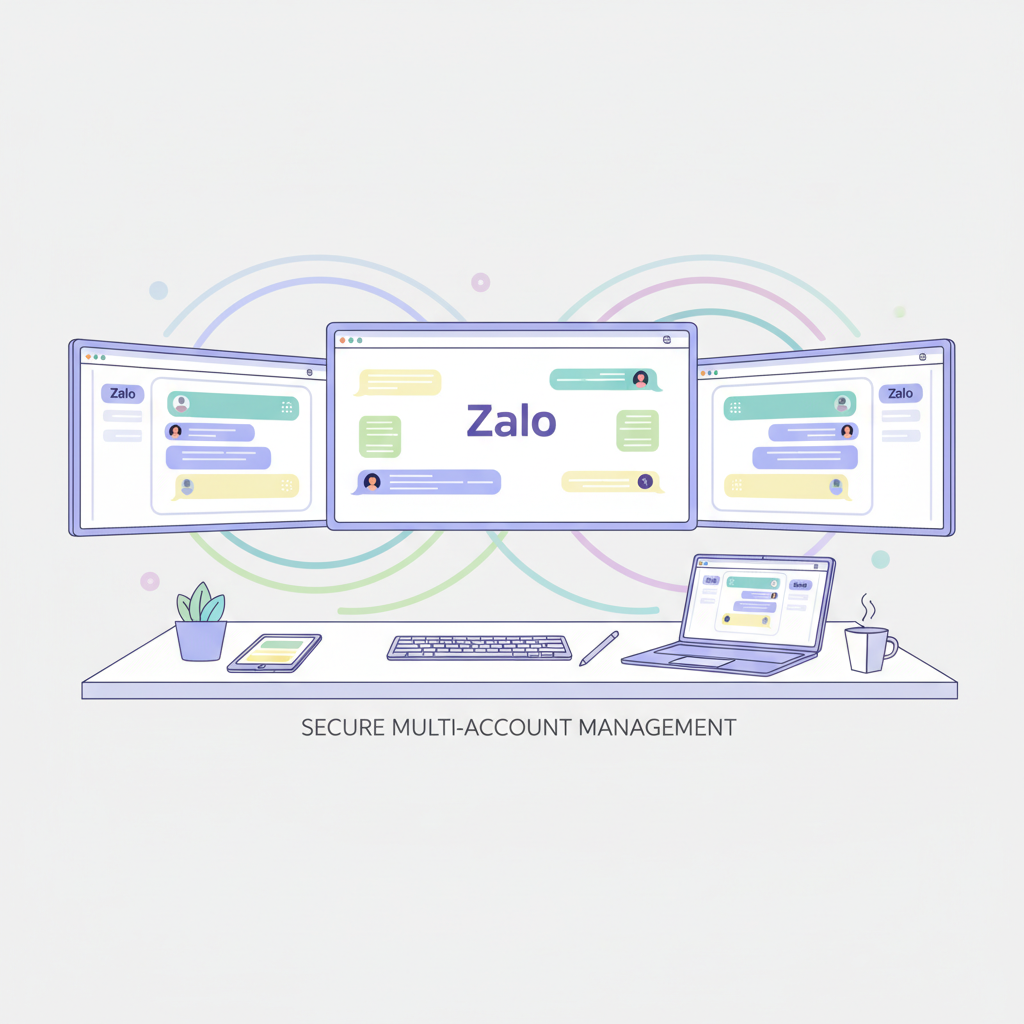 多屏幕办公桌，展示高效管理多个Zalo账号